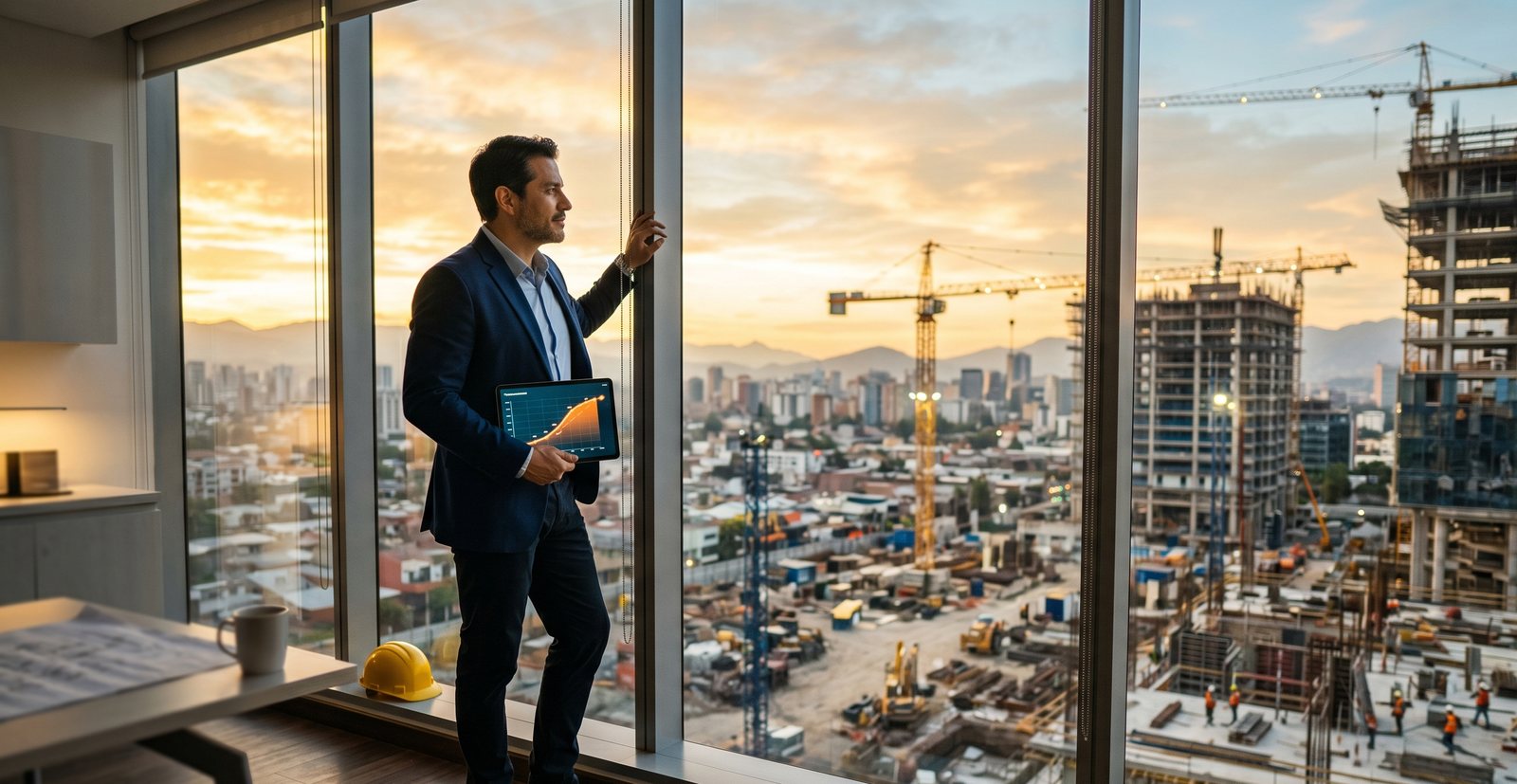 Ingeniero cerrando la laptop a las 6 de la tarde con la obra bajo control y el atardecer en la ventana