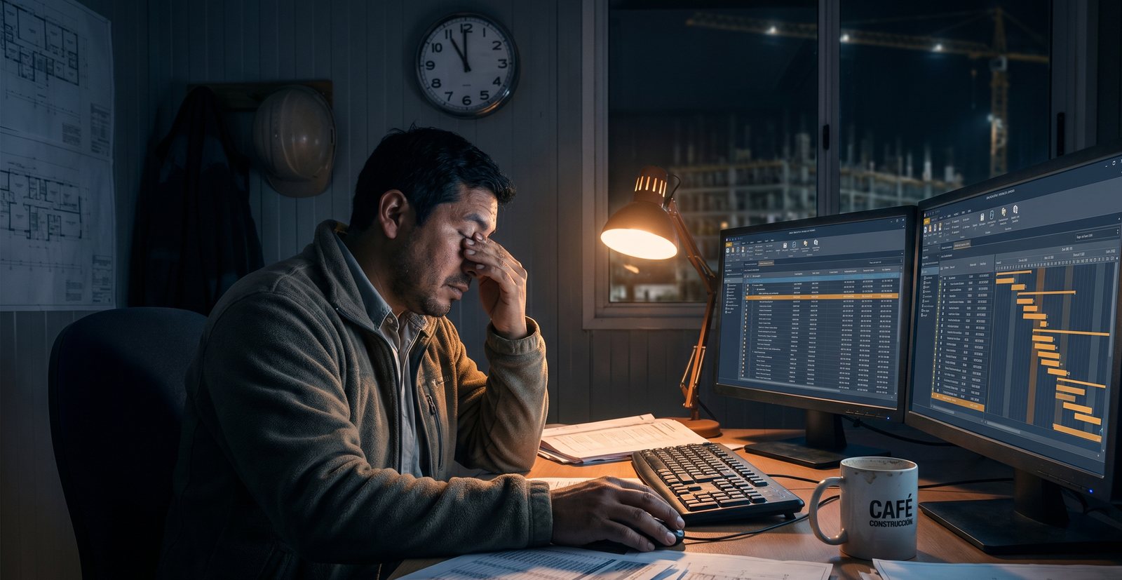 Ingeniero de planeamiento trabajando de noche entre hojas de cálculo y software de cronogramas